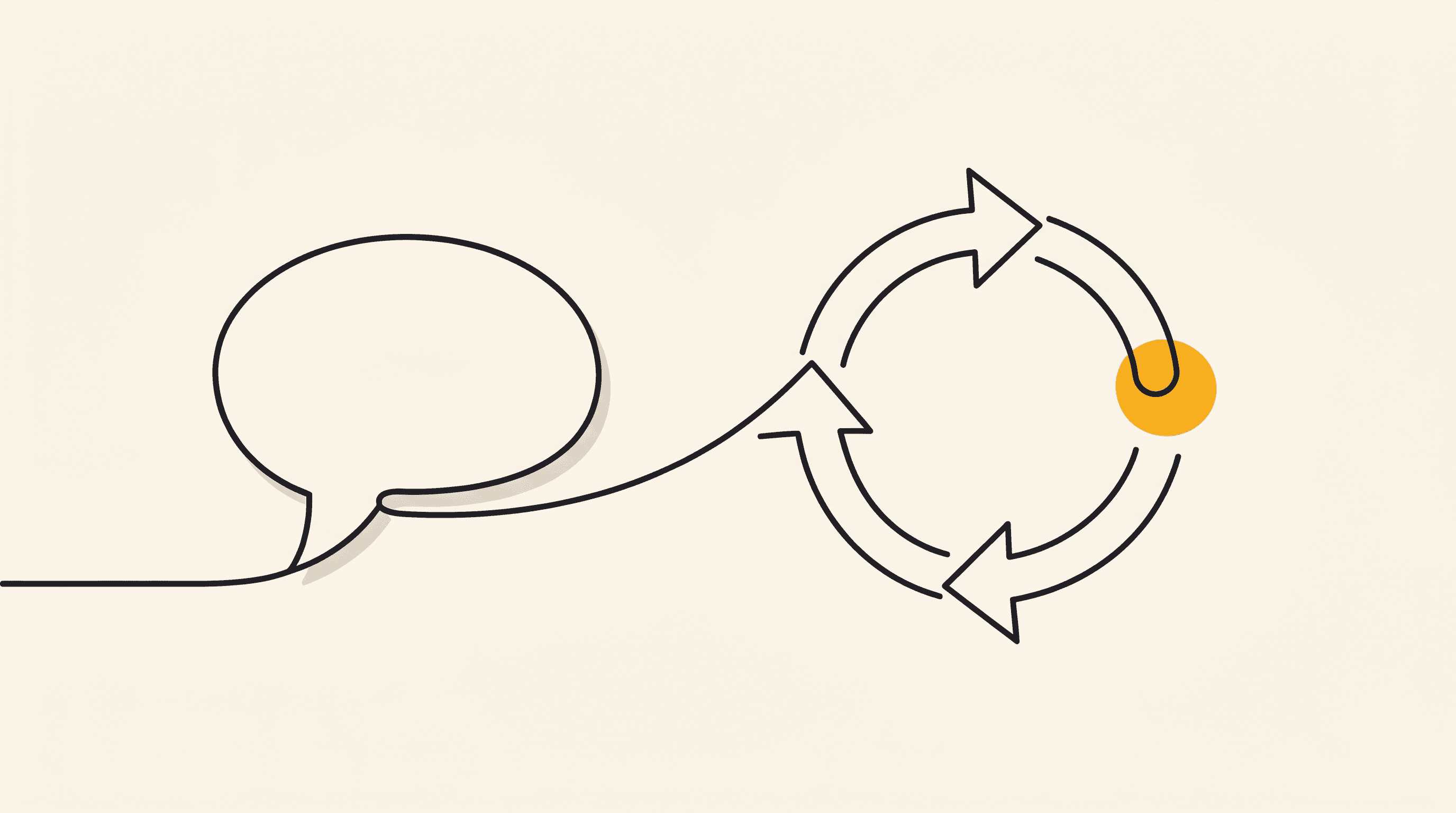 A single continuous line forms a still closed speech bubble on the left that opens into a three-step circular loop on the right, the final step a glowing golden dot: a chatbot that only answers becoming an agent that perceives, decides, and acts.
