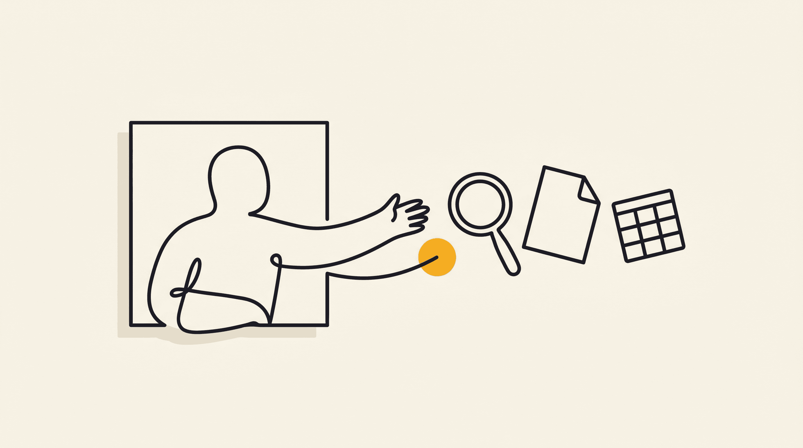 A single continuous line forms a small figure boxed in on the left, one arm reaching toward simple objects just out of reach, the nearest marked with a golden dot: an agent that cannot touch your real tools yet.