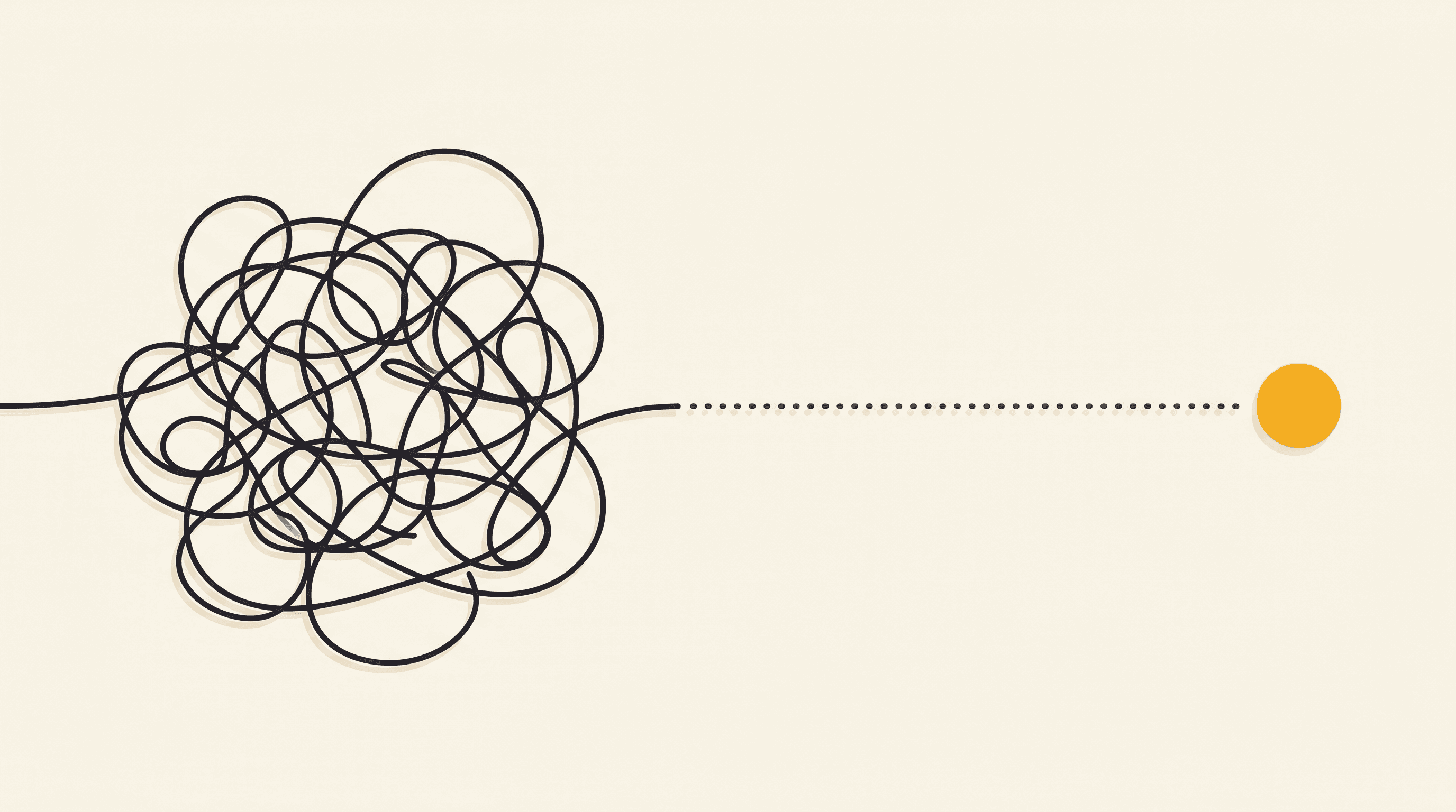 A single continuous line tangles into a messy pile on the left with a faint dotted path leading to a golden dot at the far right: a real batch of work at the start of the path to a finished result.