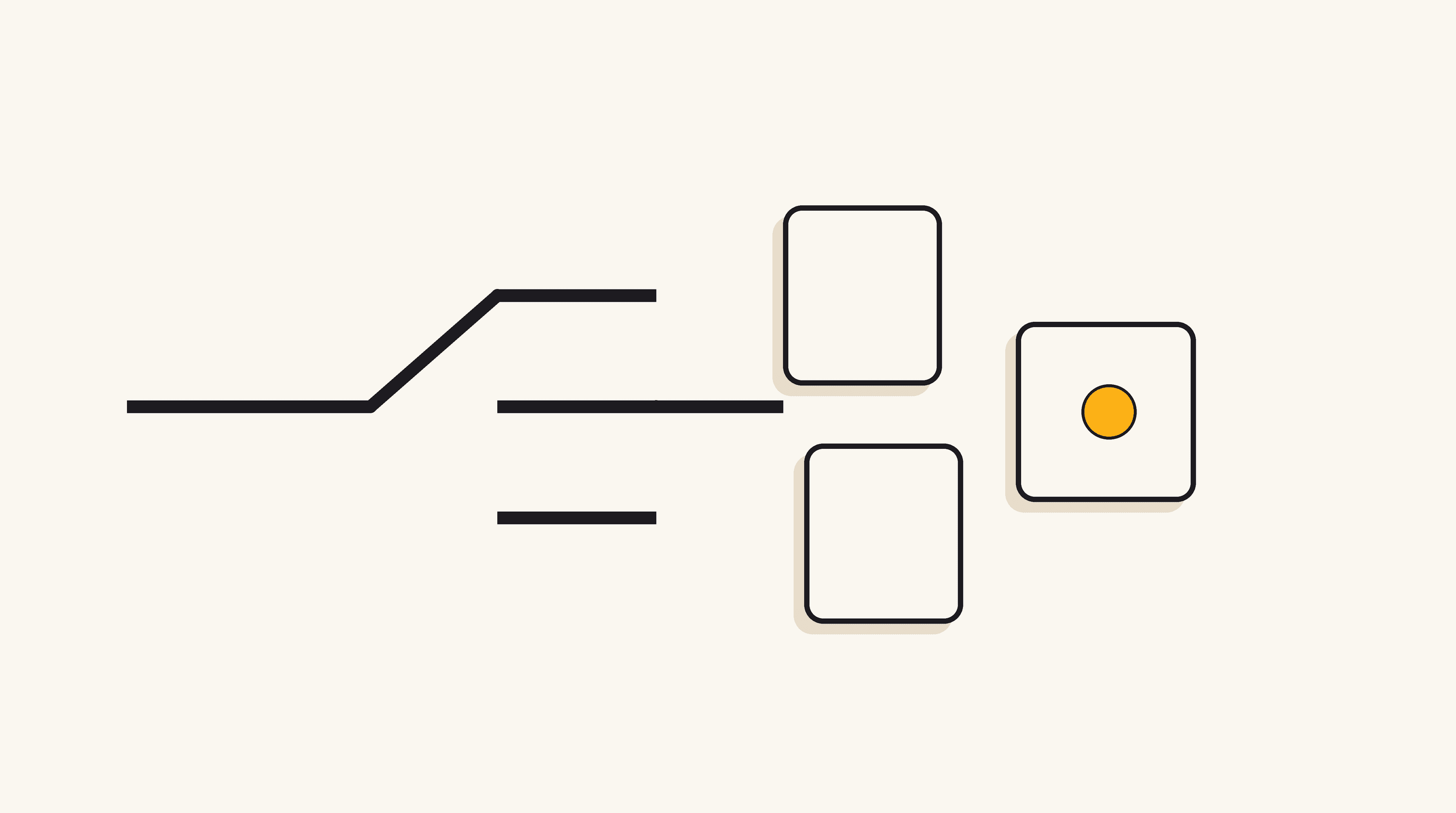 A continuous black line approaches a small gate with several simple tool shapes beyond it, one marked by a golden dot: the moment an agent decides whether a tool is needed.