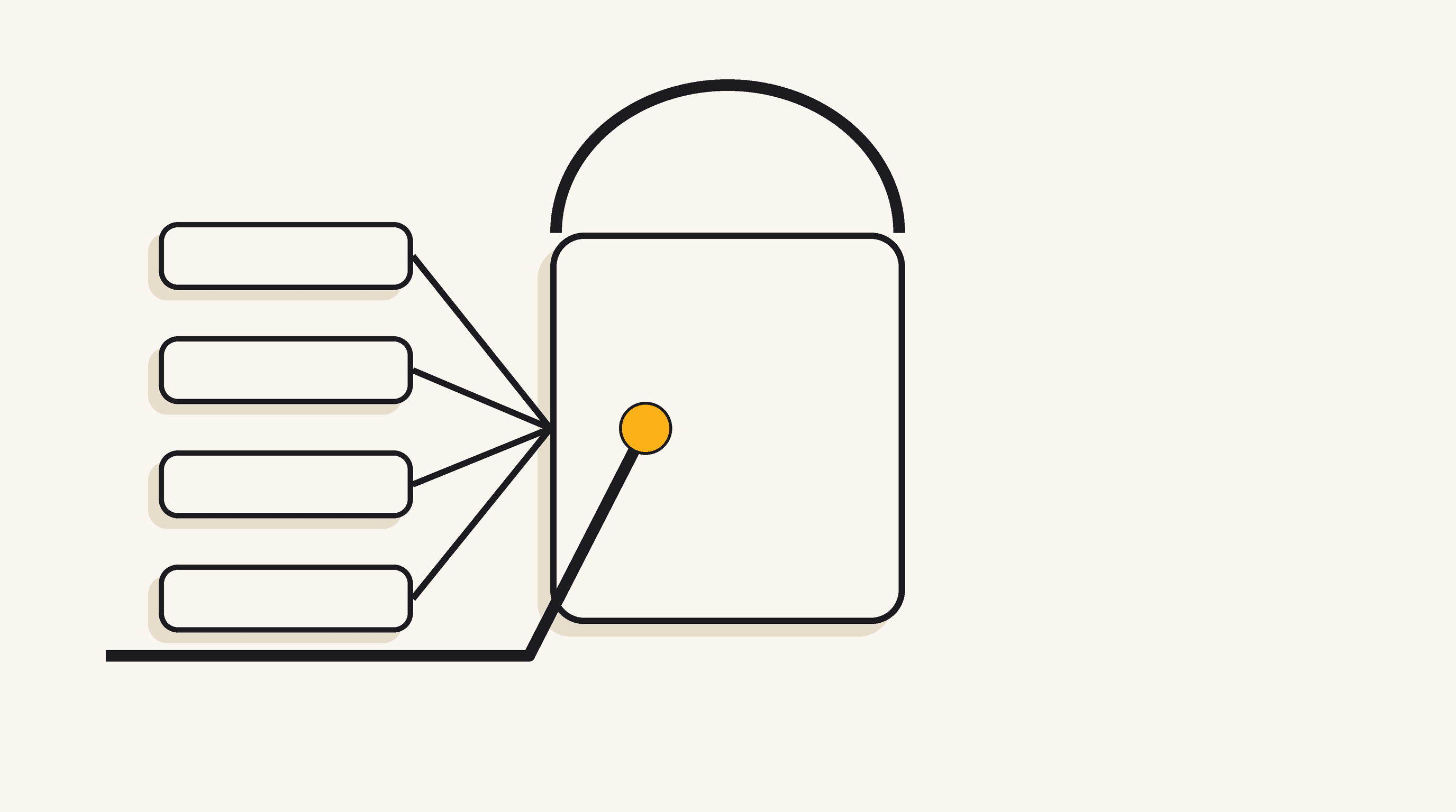 A continuous black line approaches an open doorway with four simple rule cards beside it, one marked with a golden dot: a contract that controls tool access before the agent acts.