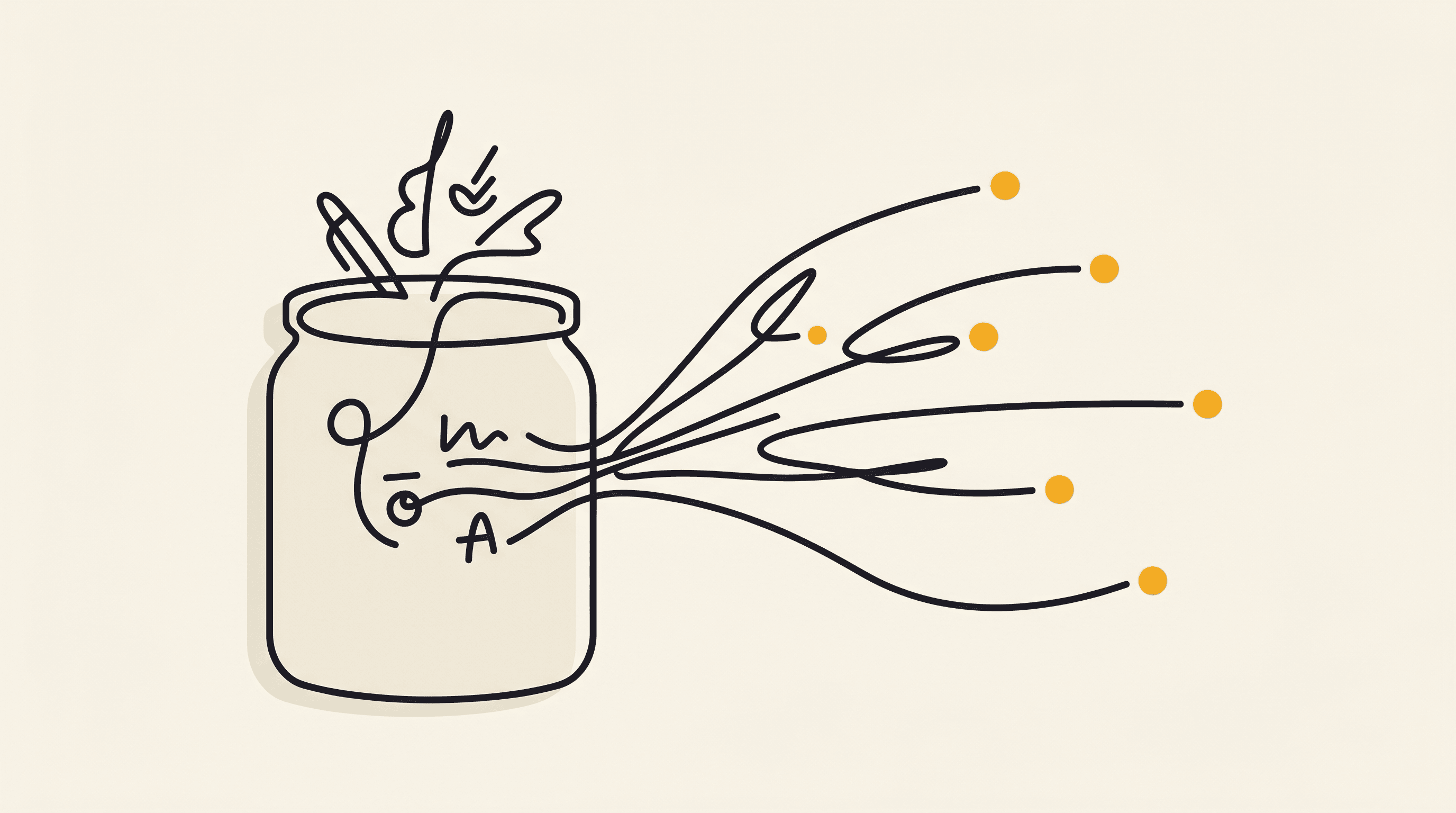 A single continuous line writes a few facts once into a sturdy container on the left, and several fresh threads drawn out of that container each already carry a small golden dot at the tip: a workspace that remembers the client, so every chat starts warm.