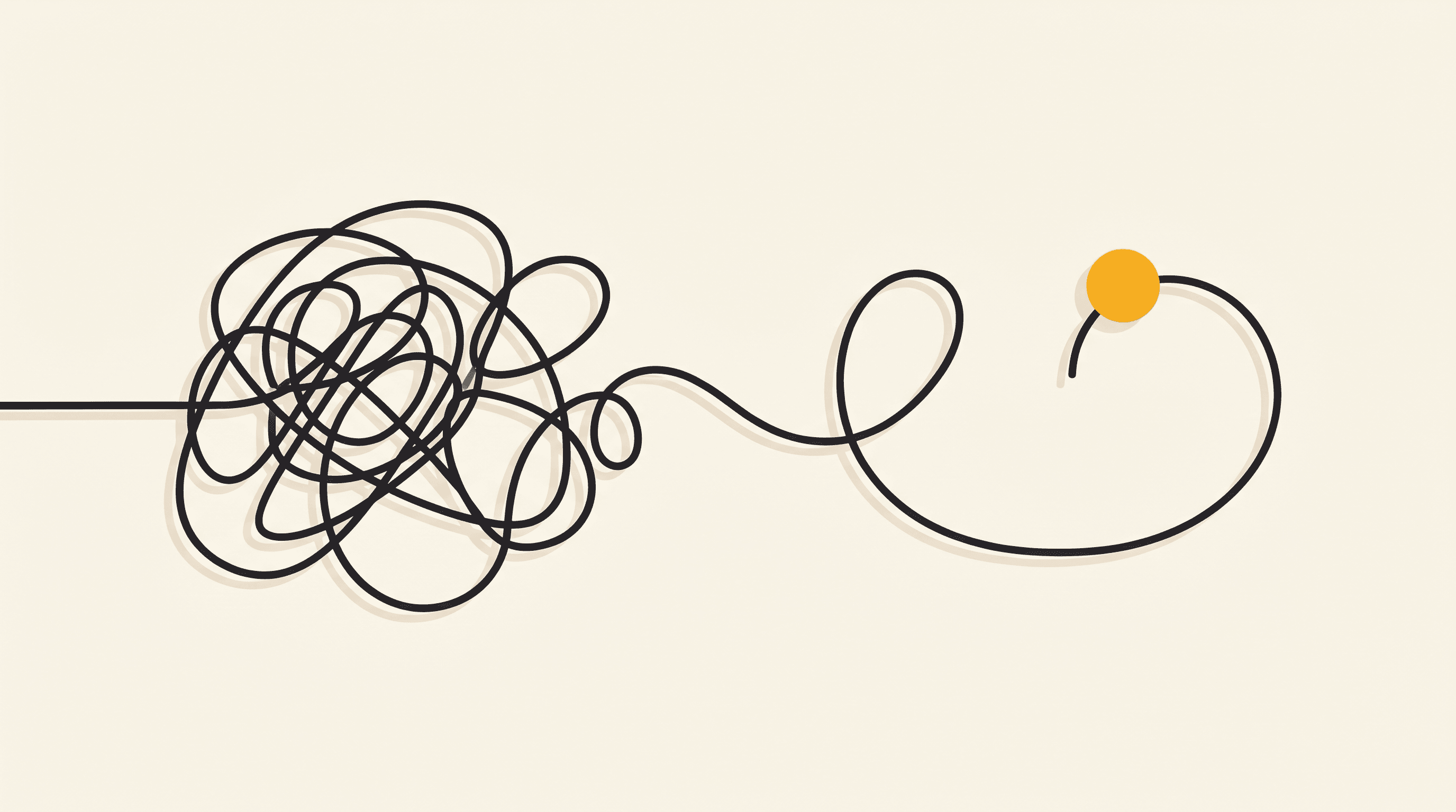 A single continuous line turns a chaotic tangle of repeated from-scratch scribbles on the left into one clean repeating loop on the right, a single golden dot riding the loop: a from-scratch scramble becoming a system you run again and again.