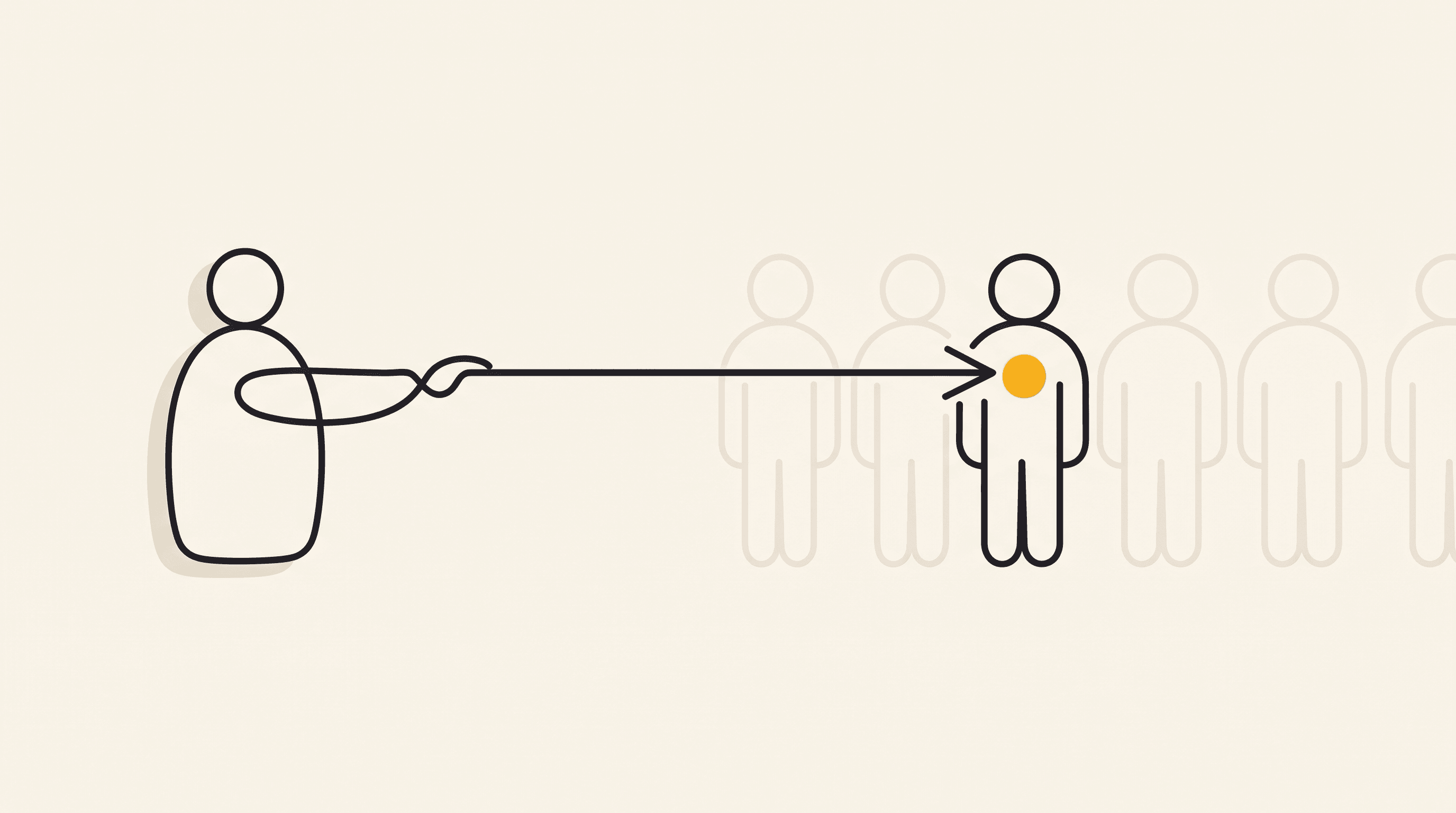 A single continuous line carries a glowing golden dot from a lone shape on the left and points it precisely at one specific figure standing out from a row of faint figures on the right: a skill aimed at the exact person who pays for it.