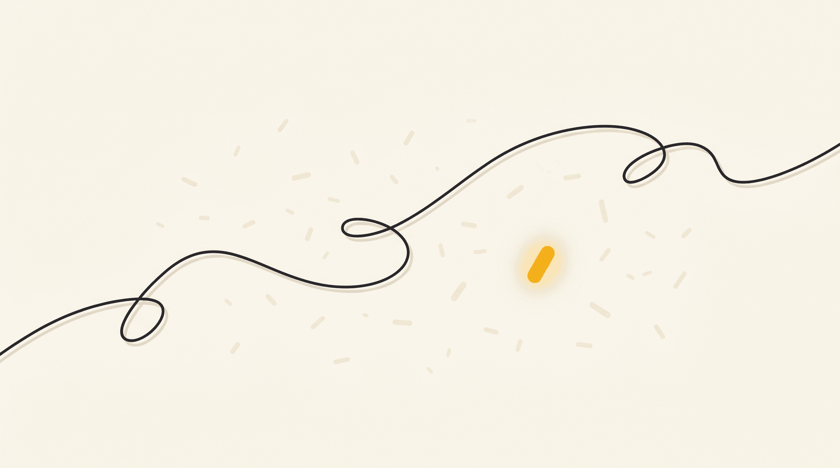 A single continuous line drifts across a wide scatter of faint, disconnected small marks, with one mark beginning to glow golden: proof scattered across the years, most of it forgotten, one piece catching the light.