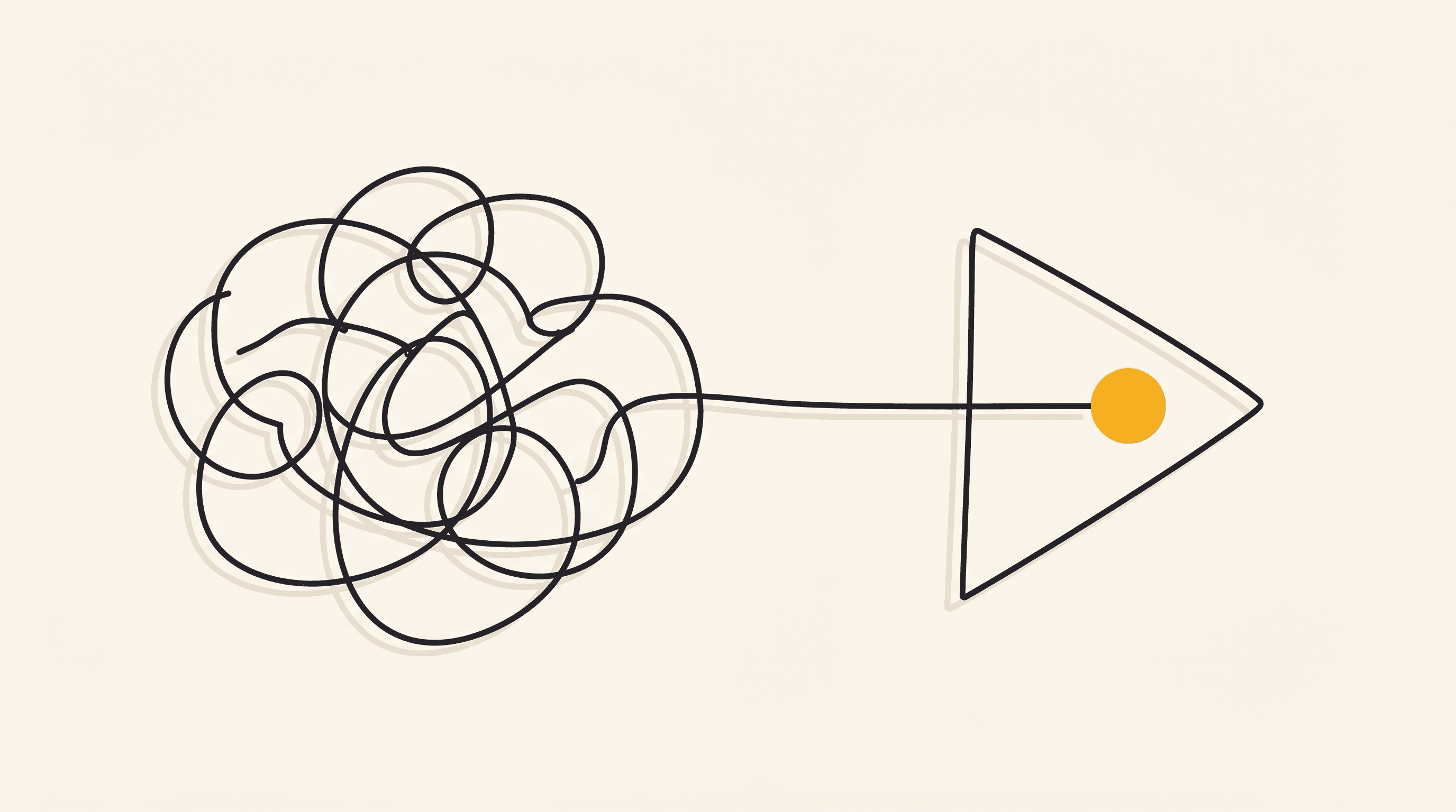 A single continuous line condenses a vague, loose scribble-cloud on the left into one sharp, clean, specific shape on the right marked with a single golden dot: a fuzzy 'I could do this' narrowed into one specific sellable offer.