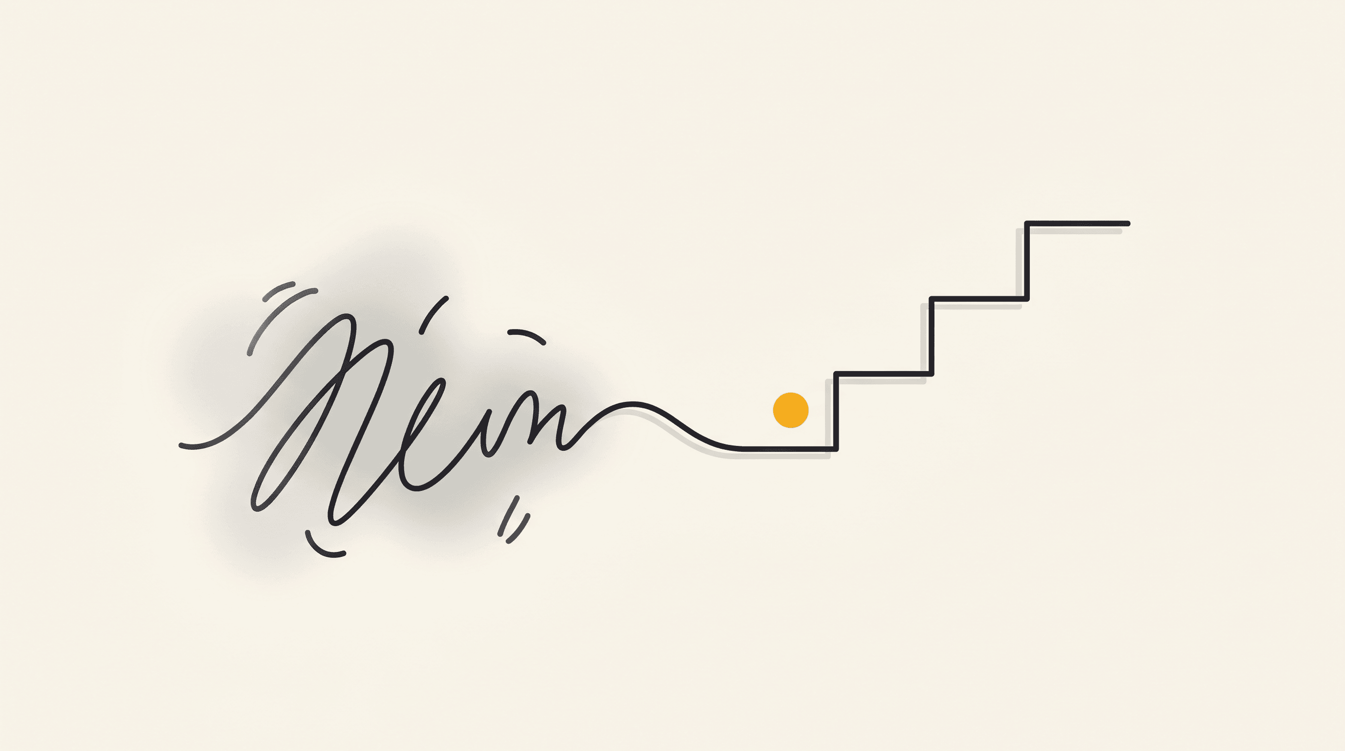 A single continuous line moves from a soft foggy haze on the left into a clear small ascending staircase on the right, the first step marked with a single golden dot: money dread clearing into a real, reachable first milestone.