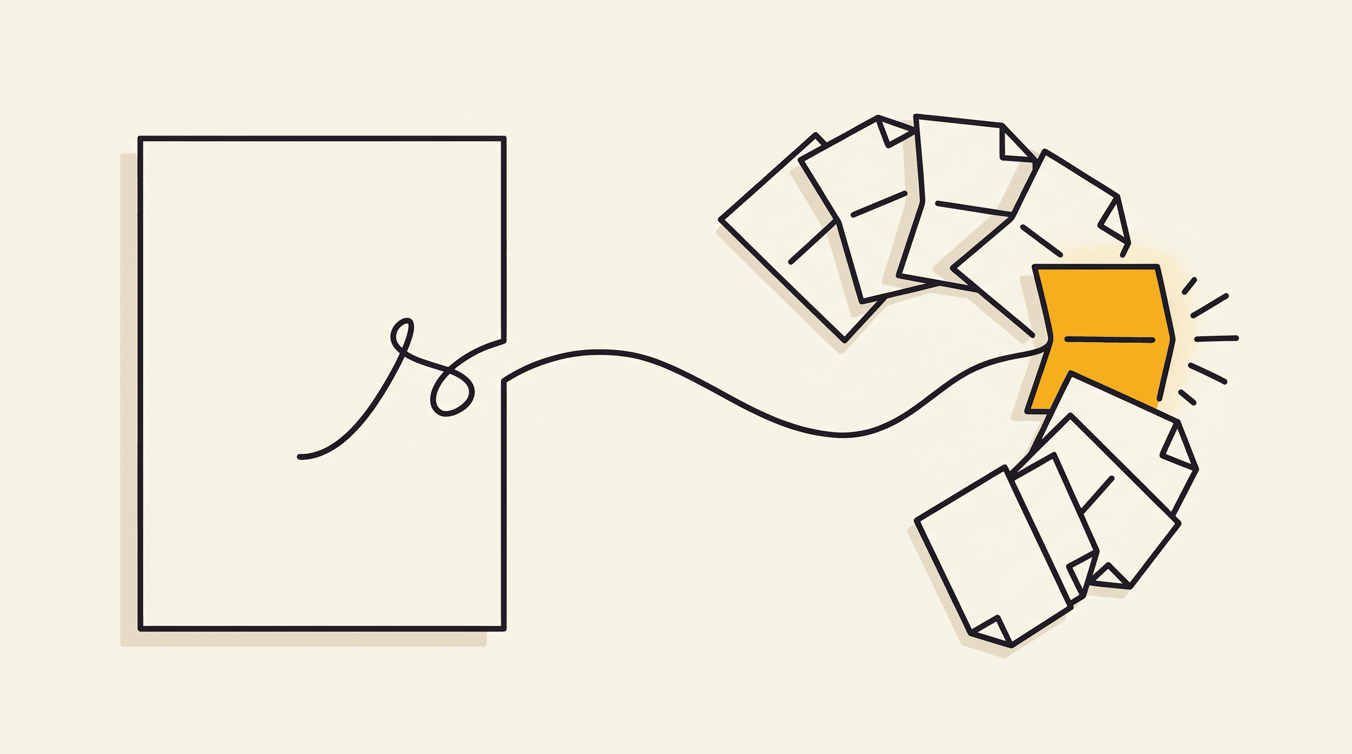 A single continuous line breaks through a solid blank wall on the left and unfolds into a small fan of ready note shapes on the right, one of them glowing golden: a terrifying blank page turned into ten warm messages ready to send.