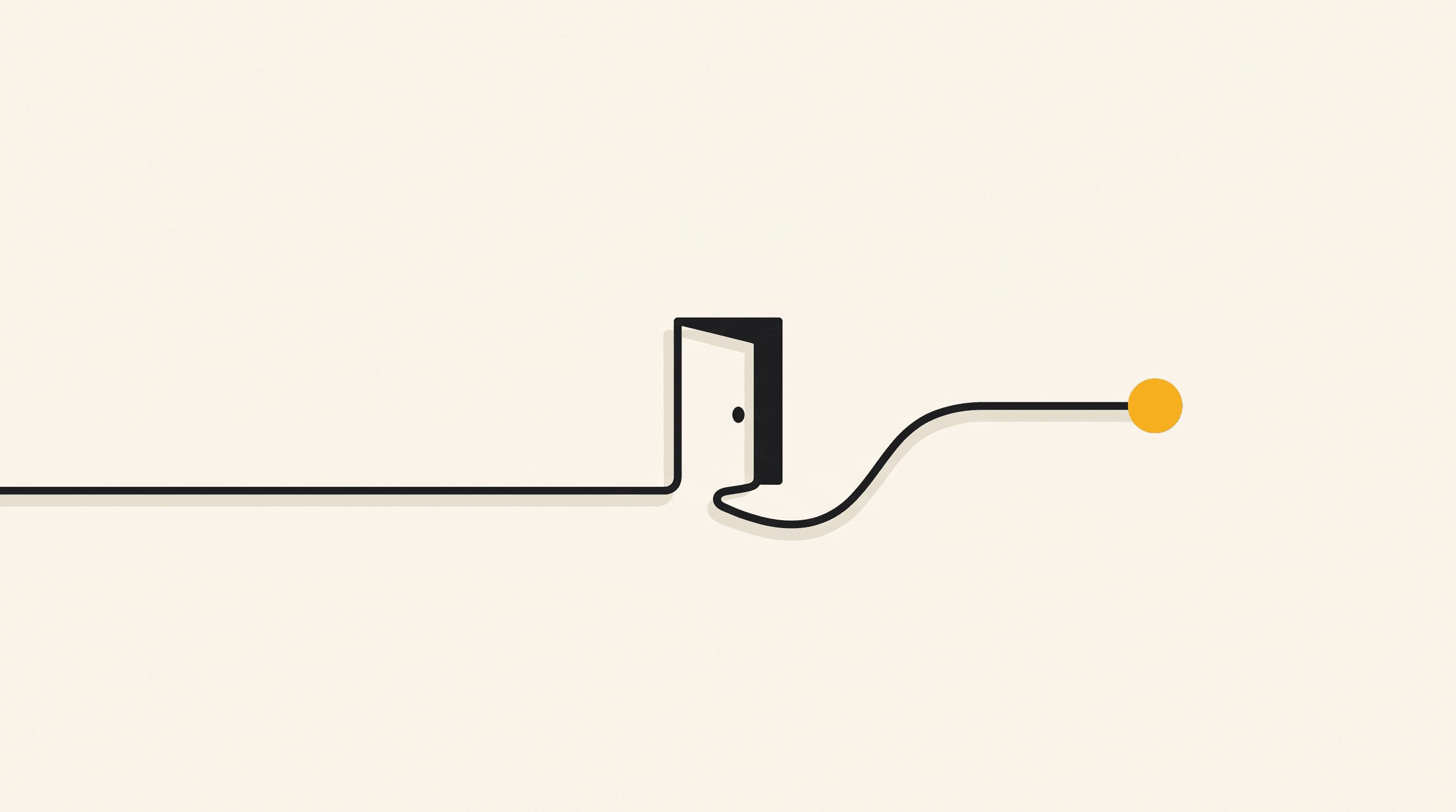 A single continuous line meets a small closed door on the left but does not stop; it bends around and continues onward to a single golden dot on the right: a no or a silence is one door, not the end of the road.