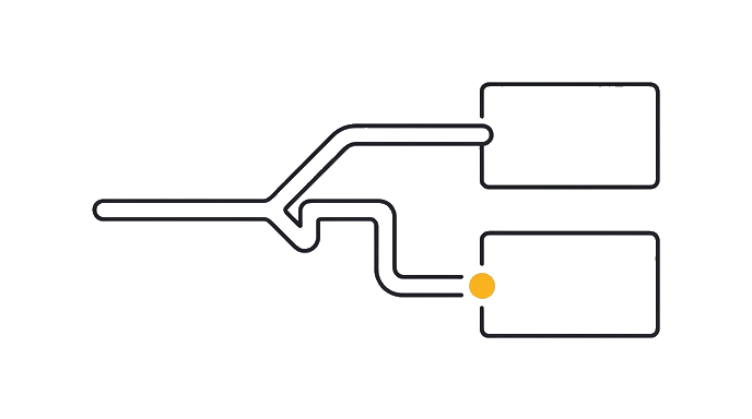 One agent path hesitates between two blank tool gates before the correct route is chosen, with the golden dot marking the gate that should be tested.