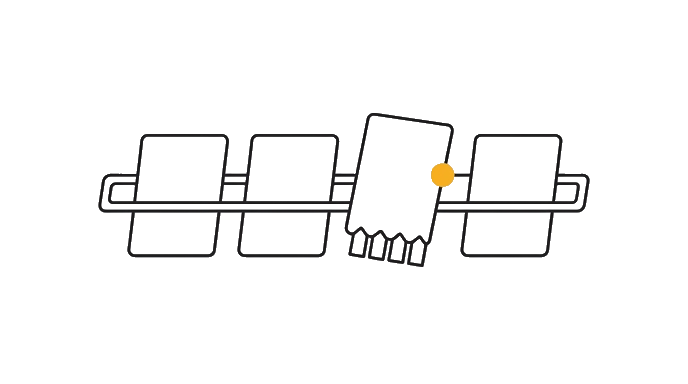 Four thin outline direction tiles pass through a light scoring rail, and one tile rises slightly with small risk tabs attached and the golden dot on its edge.