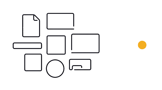 Brand kit pieces sit in separate stacks: strategy, language, color, type, image, logo, prompts.