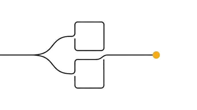 A thin outline handoff board splits into locked-decision cards on one side and open craft-question cards on the other, with the golden dot on the bridge between them.