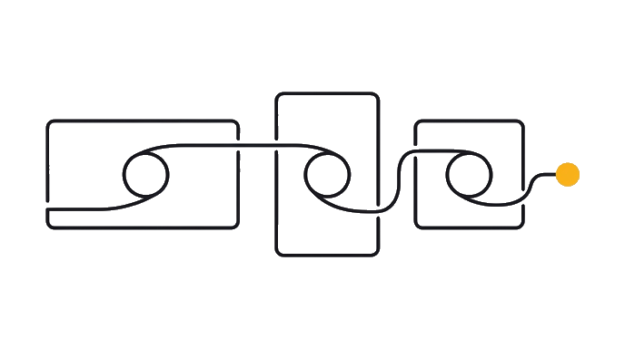 One brand token passes through three distinct blank context frames, a wide banner, a tall card, and a square tile, and stays consistent with the golden dot on the final proof frame.