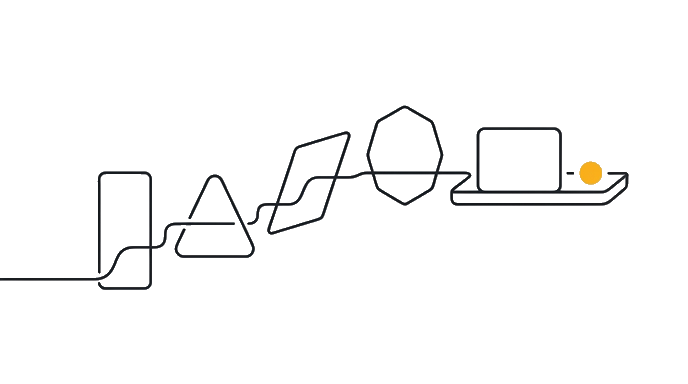 The design frame climbs four thin outline-only review gates arranged as a stair, each gate using a different blank shape, then lands in a narrow outline export tray with the golden dot on the tray.
