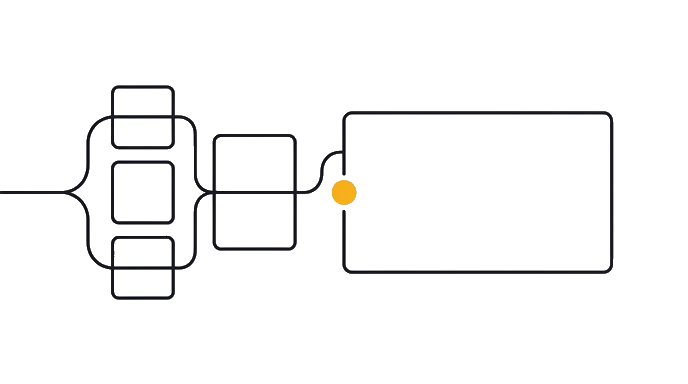 A clean line threads the brand swatches and source card into the deck frame, with the golden dot on the unified brand packet.