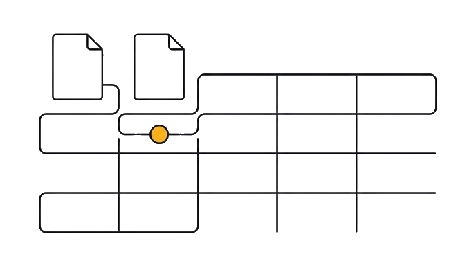 Two thin outline document versions separate into a light comparison grid with keep, change, and question lanes, and no filled cells.