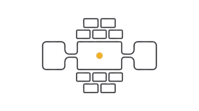 Source tiles sit above and below a central clarifying gate, then separate into two short outline-only connector pockets with the golden dot at the gate; no long right-hand payoff line, no filled vertical bars, no plug, no lock, no tool symbol.