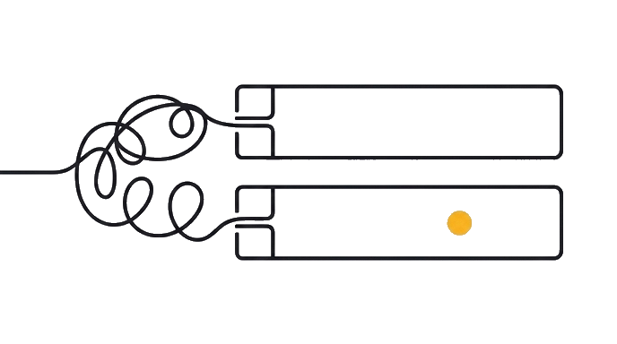 Two unlabeled hollow surface lanes separate a connector chore from a code-work routine, with the golden dot on the correct lane after the surface question; no words, no labels, no filled block, no app logo, no arrow.