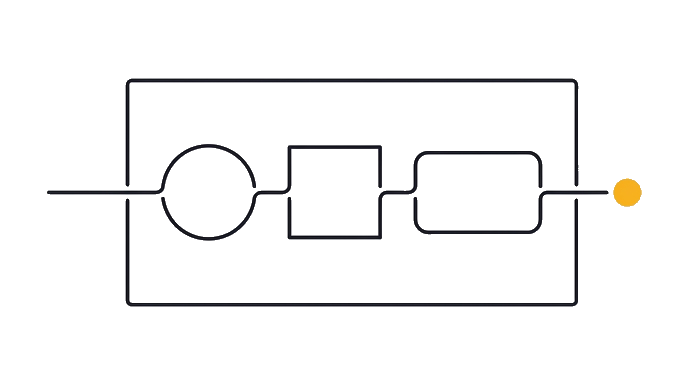 A control path physically passes through three hollow action pads inside a blank workspace boundary, showing move, click, and type as real actions; no filled side panel, no cursor, no device frame, no UI controls.
