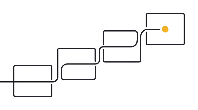 A deployment staircase of four large blank cards rises from file card to build card to review card to live proof card, with the golden dot on the top card.