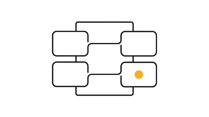 Headline card, proof card, tone card, and CTA card form a compact copy packet around one blank page frame, with the golden dot on the final copy card.