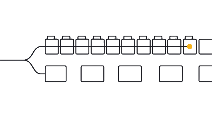 Two outline deck strips separate: the send-ahead strip gains small context tabs while the talk strip keeps wider pacing gaps, with the golden dot on the send-ahead path.