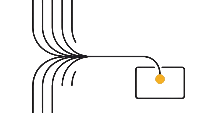 Five thin vertical rails feed into one central handoff spine, with four rails ending early and exactly one rail continuing to a blank output tile marked by the golden dot.